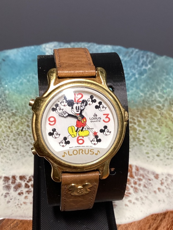 Accessories - Mickey Mouse Gold-Tone Watch with Brown Strap :Batteries not included